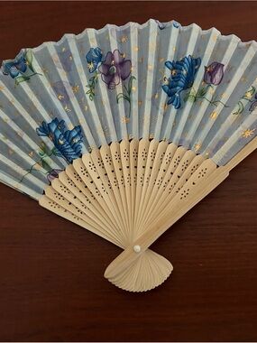 Handheld Folding Fan with Blue Floral Design on a silk like fabric w/ Bamboo